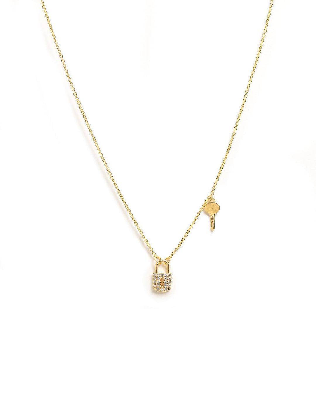 Tai jewelry's pave cubic zirconia lock and key necklace in gold.