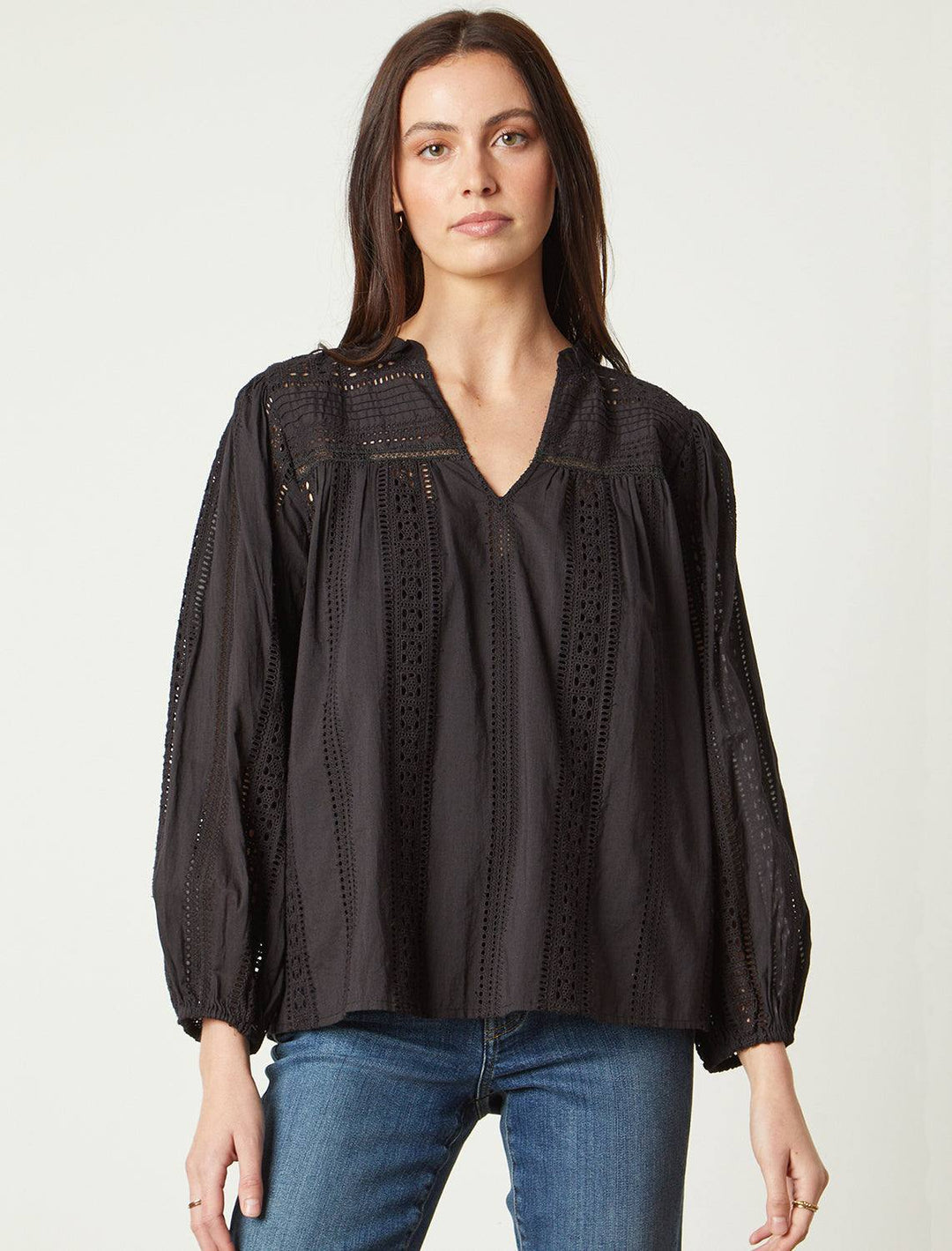 Model wearing Velvet Brand's Jordy Top in Black.