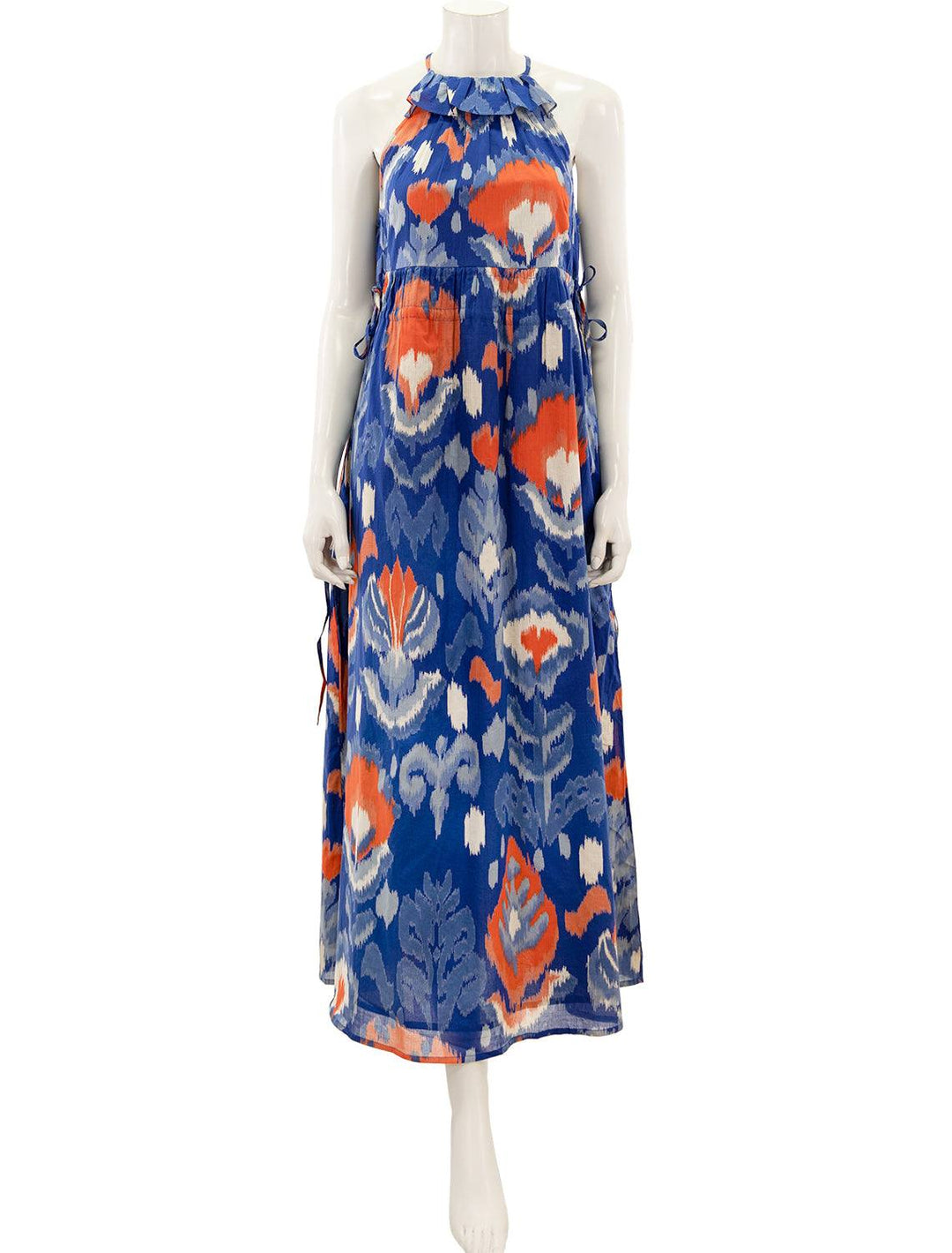 Front view of Banjanan's lucia dress in ikat floral sodalite.