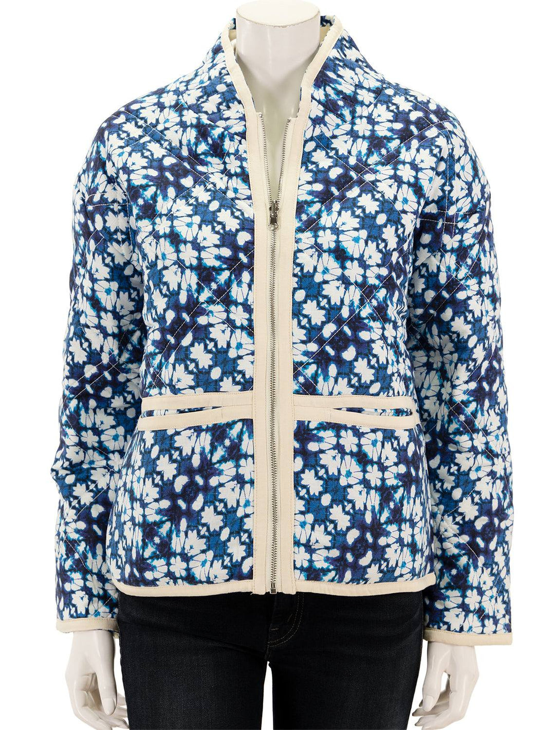 Front view of Suncoo Paris' elios reversible jacket in white and bleu.