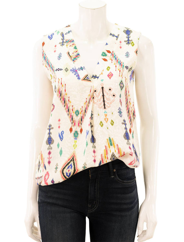 Front view of Vilagallo's orianna top in white ikat mix.