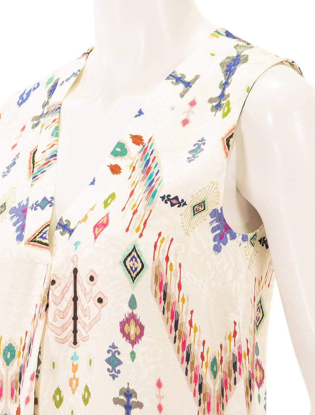 Close-up view of Vilagallo's orianna top in white ikat mix.