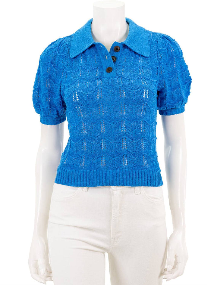 Front view of Vox Lux's Crocheted Polo Sweater in Turquoise.