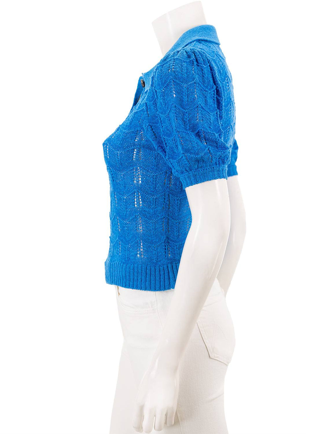 Side view of Vox Lux's Crocheted Polo Sweater in Turquoise.
