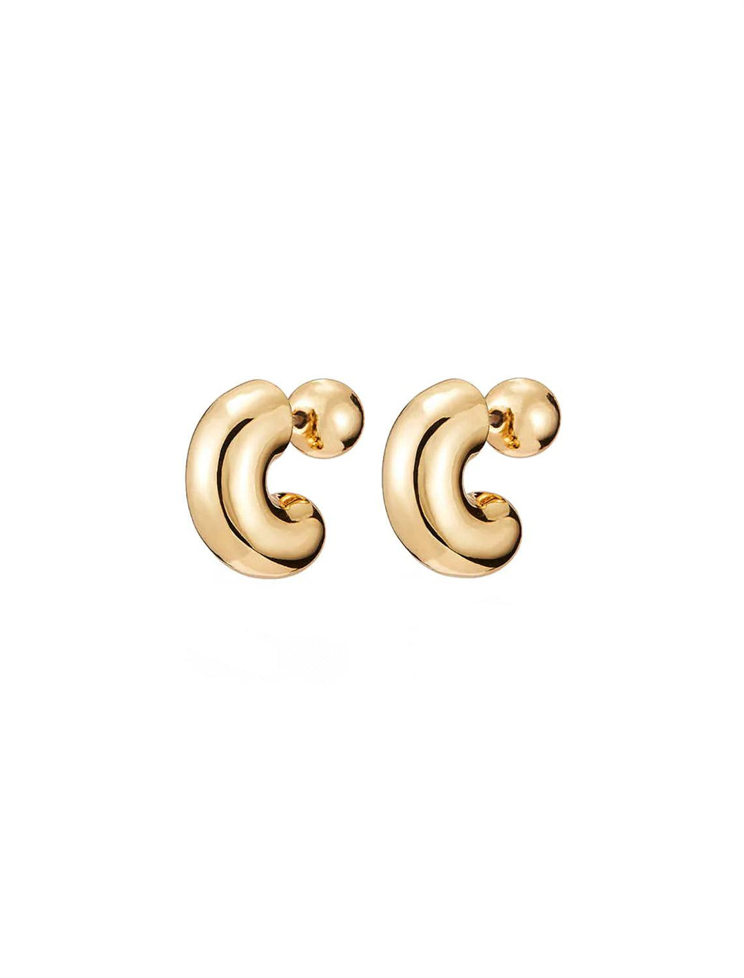 Front angle view of Jenny Bird's Small Tome Hoops in 14K Gold-Dipped Brass.