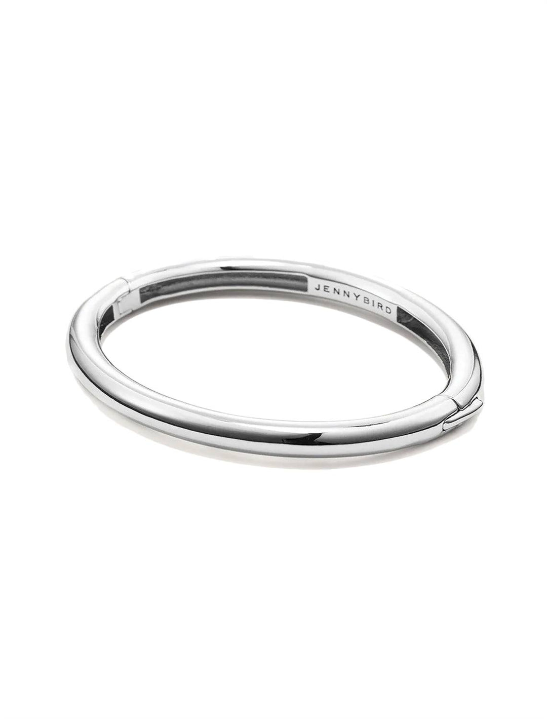 Front angle view of Jenny Bird's Gia Bangle in Silver Dipped Brass.