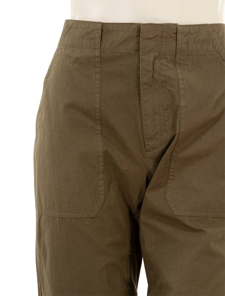 Close-up view of Rag & Bone's leighton workwear pant in olive.