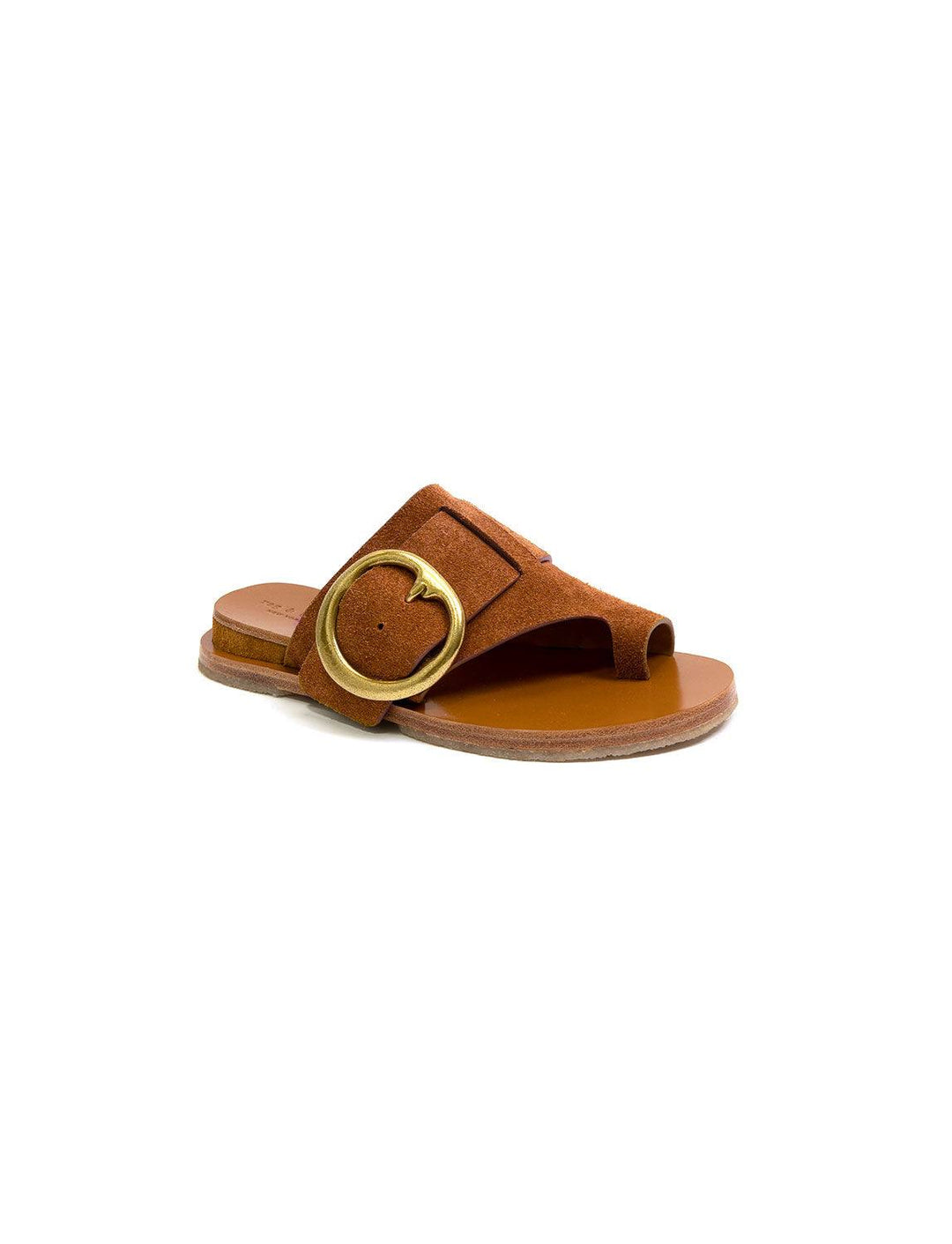 Front angle view of Rag & Bone's beau buckle slide in tobacco suede.