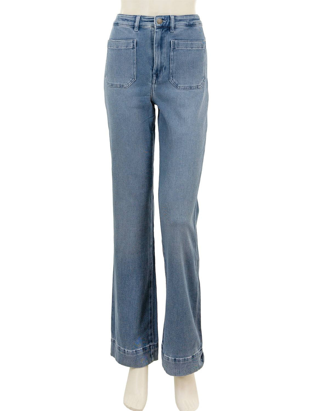 Front view of Faherty's stretch terry wide leg pant mid wash.