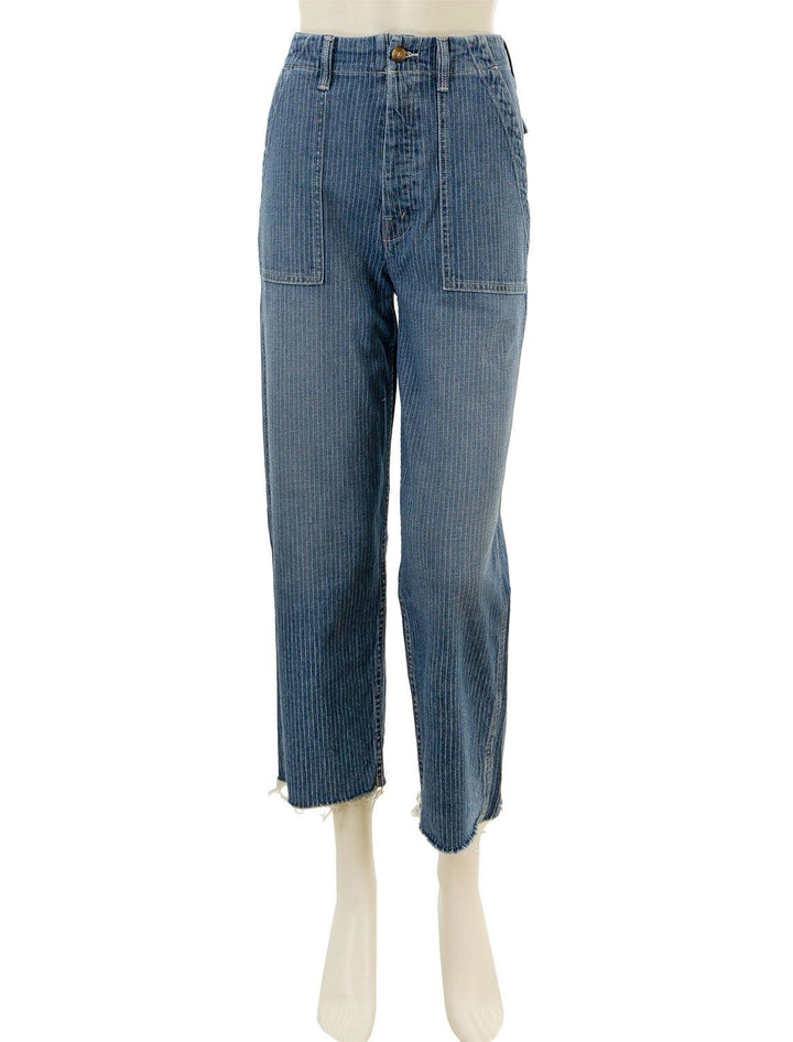 Front view of Mother Denim's patch pocket ankle fray in on the right track.