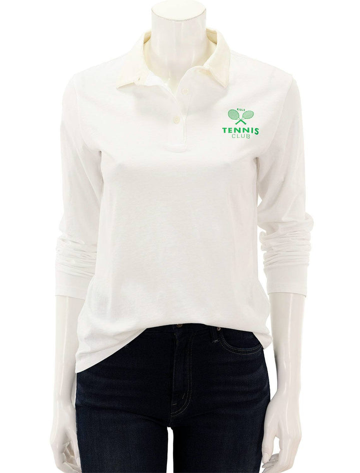Front view of KULE's the tennis elbow polo in white.