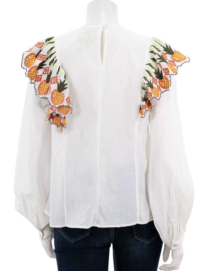 Back view of Farm Rio's embroidery fall leaf white blouse.