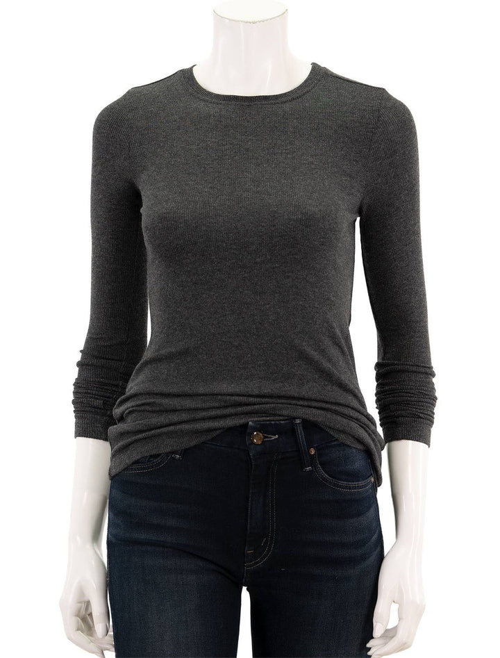 Front view of Goldie Lewinter's ribbed long sleeve tee in charcoal heather.