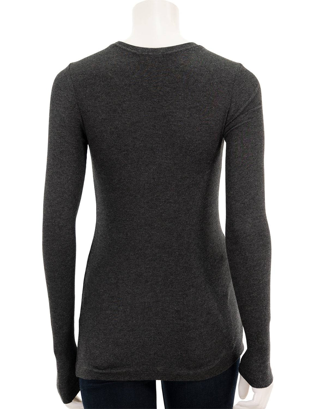Back view of Goldie Lewinter's ribbed long sleeve tee in charcoal heather.