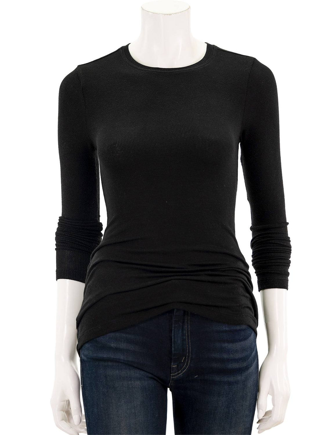 Front view of Goldie Lewinter's ribbed long sleeve tee in black.