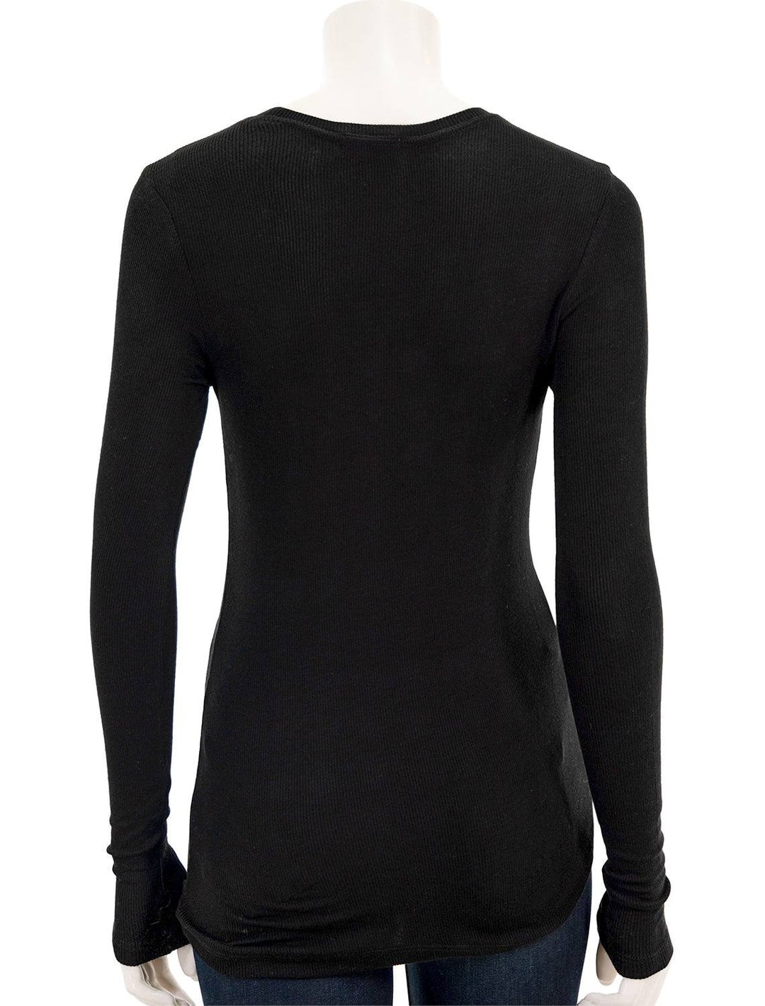 Back view of Goldie Lewinter's ribbed long sleeve tee in black.