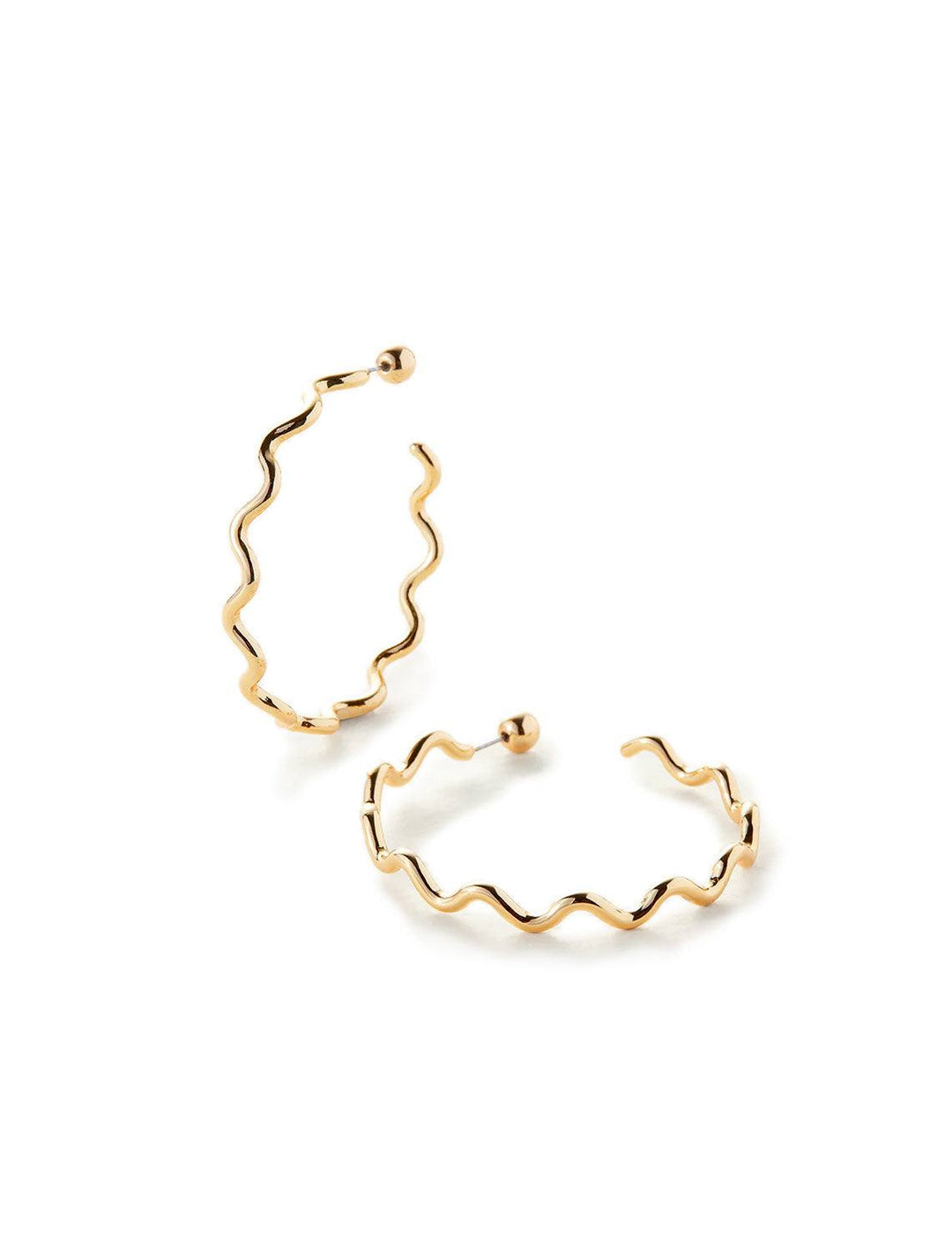Front view of Jenny Bird's squiggle hoops in gold.
