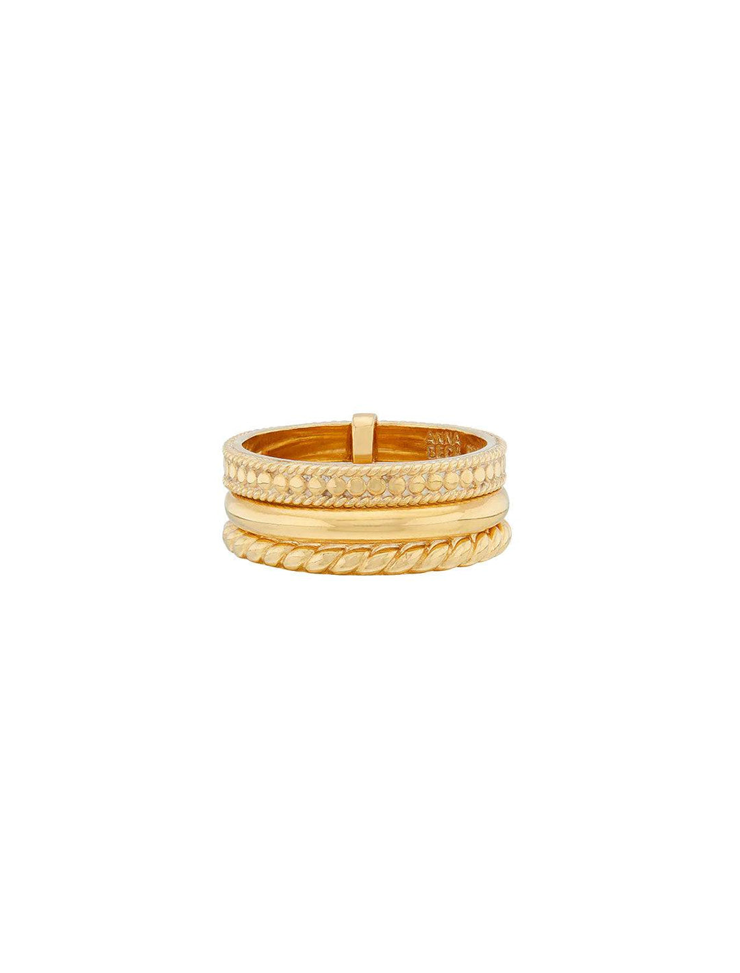 Front view of Anna Beck's classic triple stacking ring in gold.