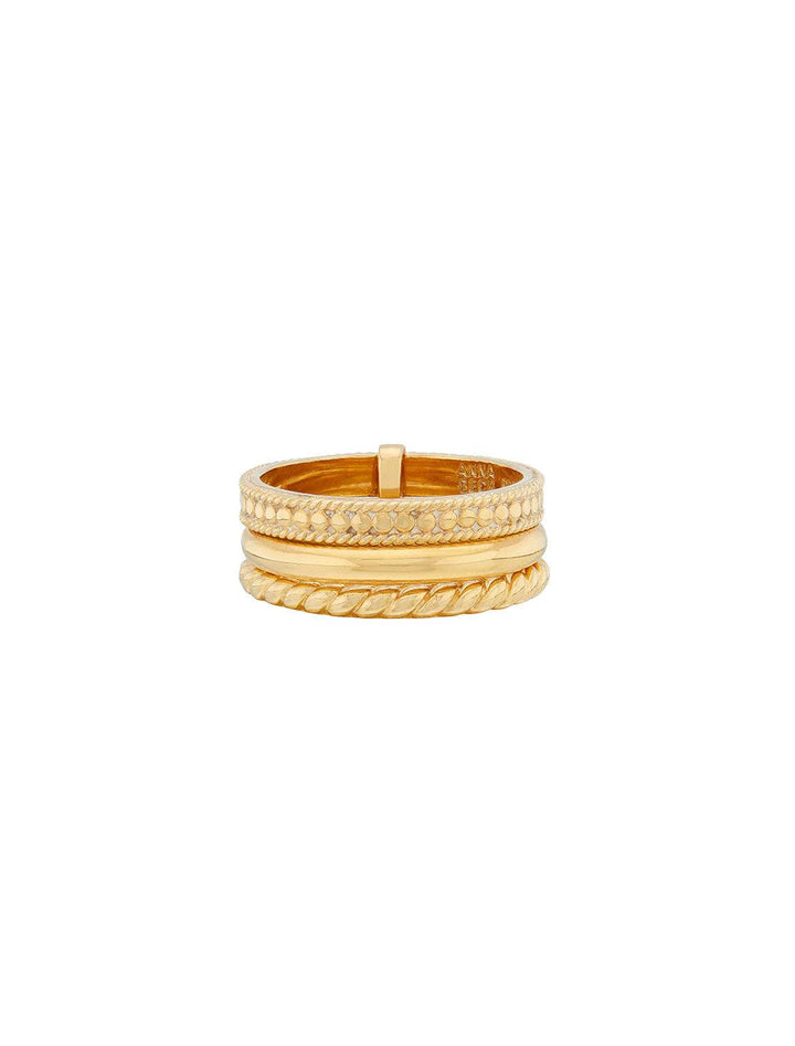 Front view of Anna Beck's classic triple stacking ring in gold.