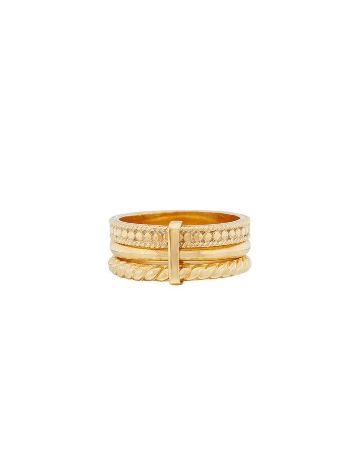 Back view of Anna Beck's classic triple stacking ring in gold.