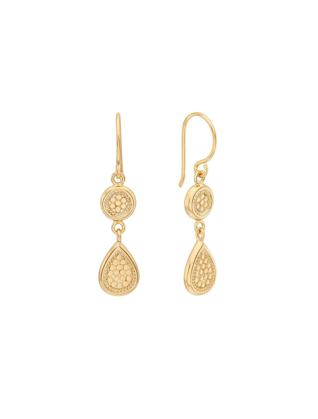 Front view of Anna Beck's classic double drop earrings in gold.