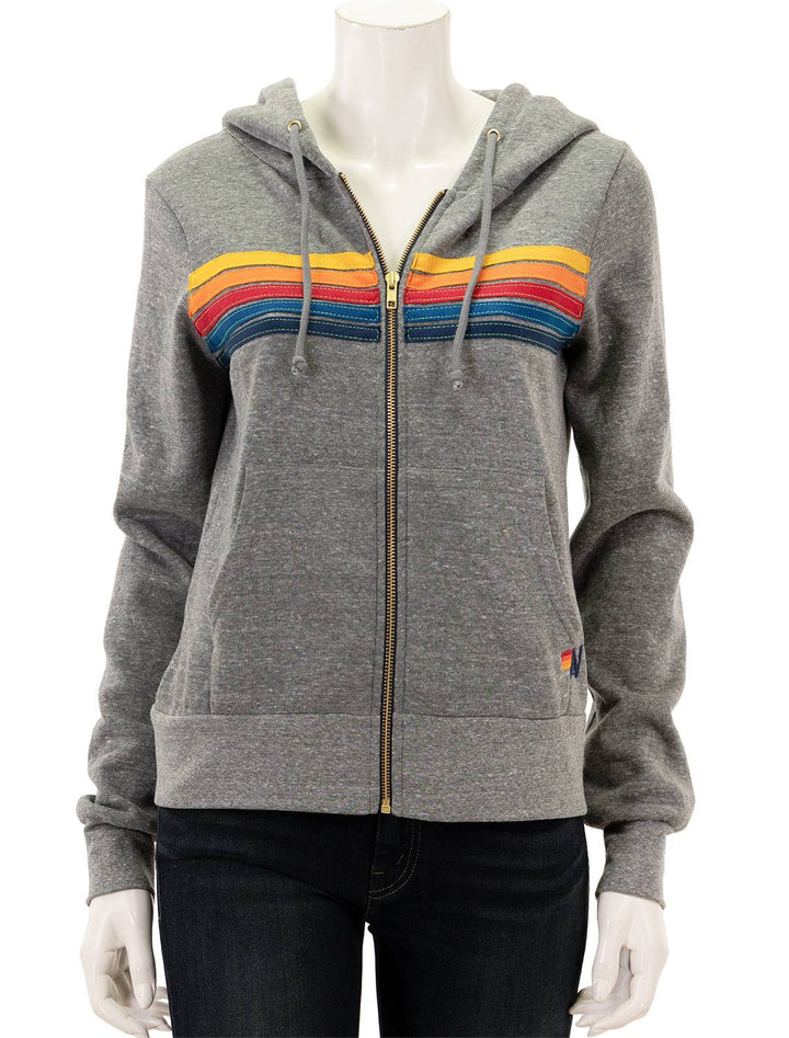 Front view of Aviator Nation's 5 stripe zip hoodie in heather grey.