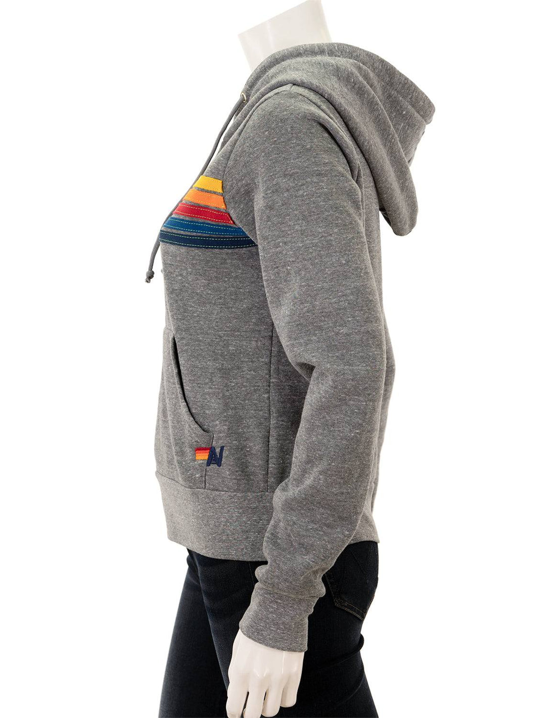 Side view of Aviator Nation's 5 stripe zip hoodie in heather grey.