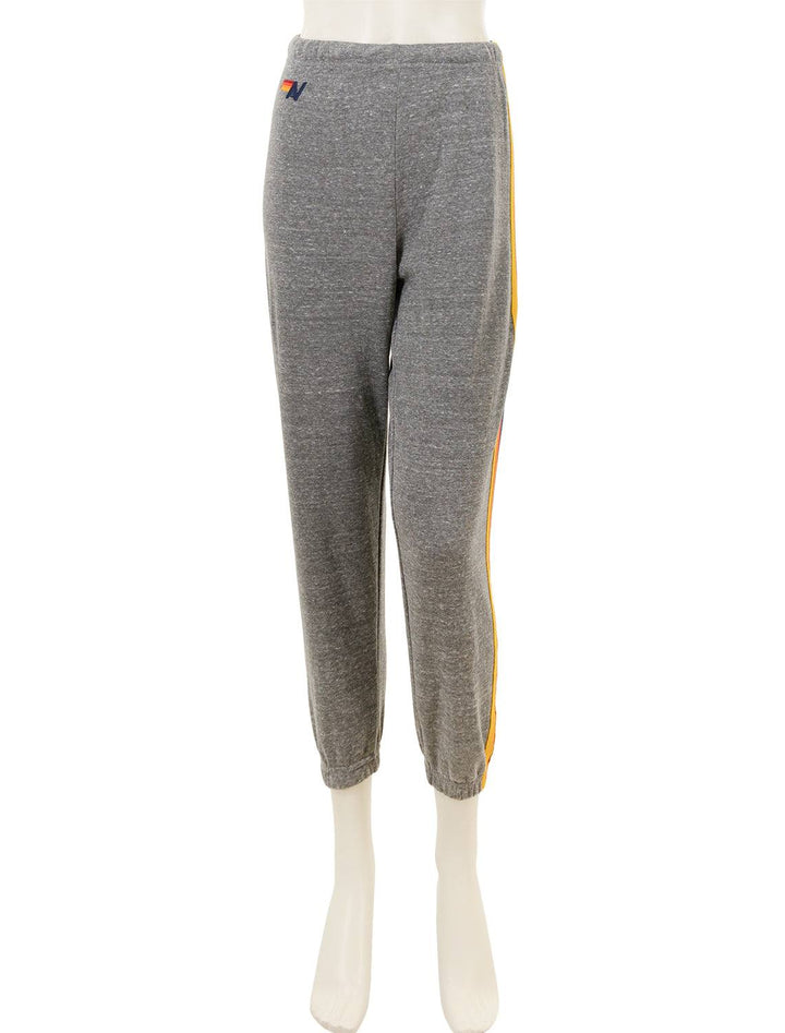 Front view of Aviator Nation's 5 stripe womens sweatpants in heather grey.