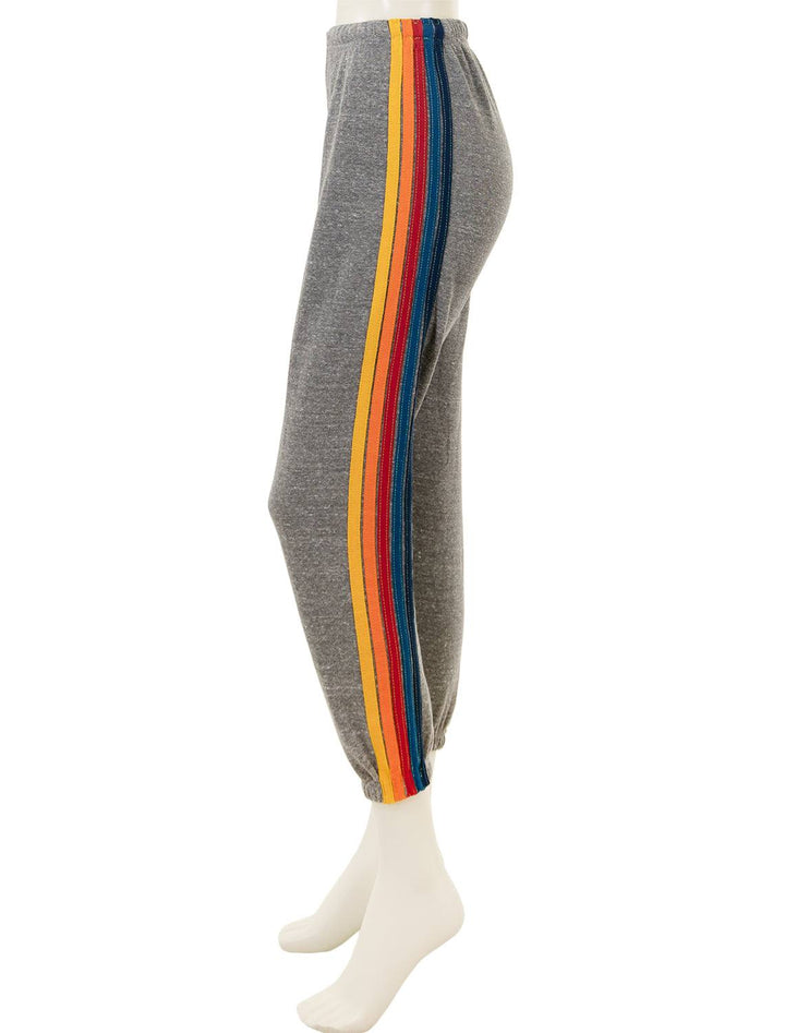 Side view of Aviator Nation's 5 stripe womens sweatpants in heather grey.