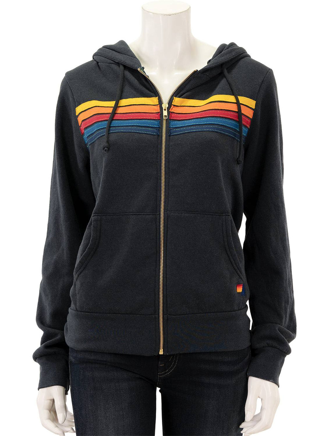 Front view of Aviator Nation's 5 stripe zip hoodie in charcoal.