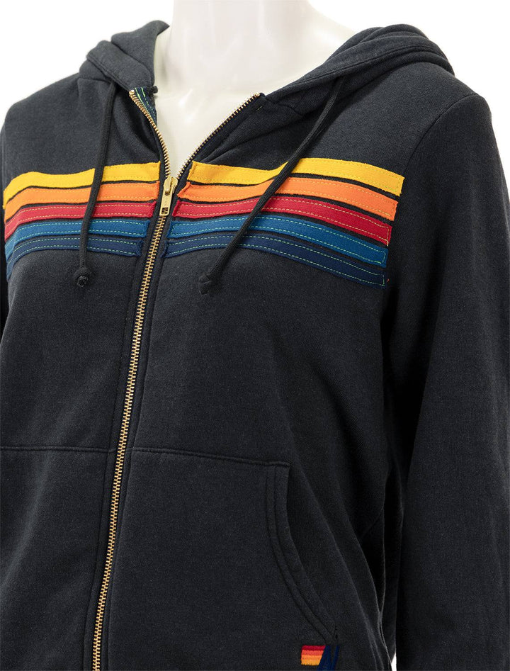 Close-up view of Aviator Nation's 5 stripe zip hoodie in charcoal.