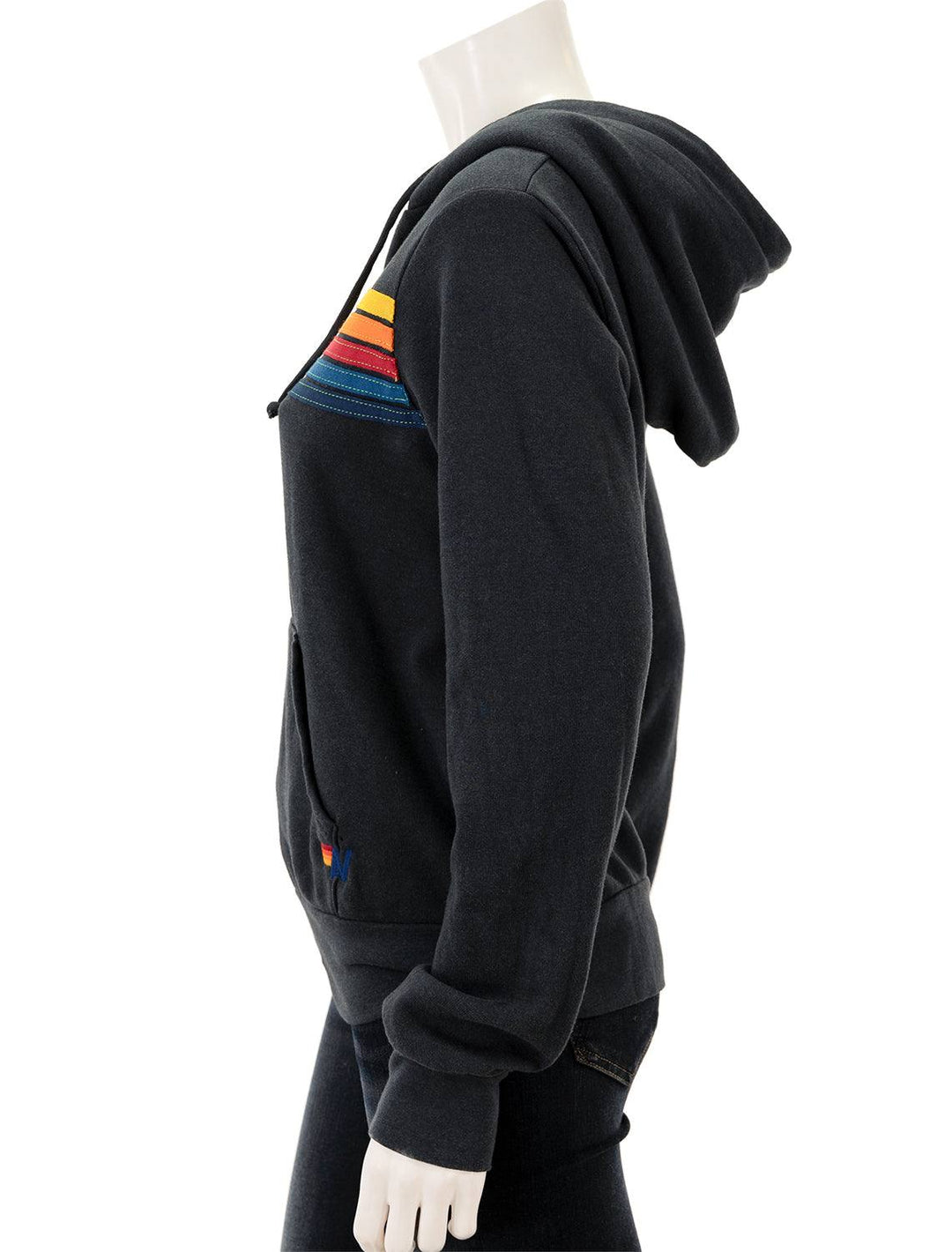 Side view of Aviator Nation's 5 stripe zip hoodie in charcoal.