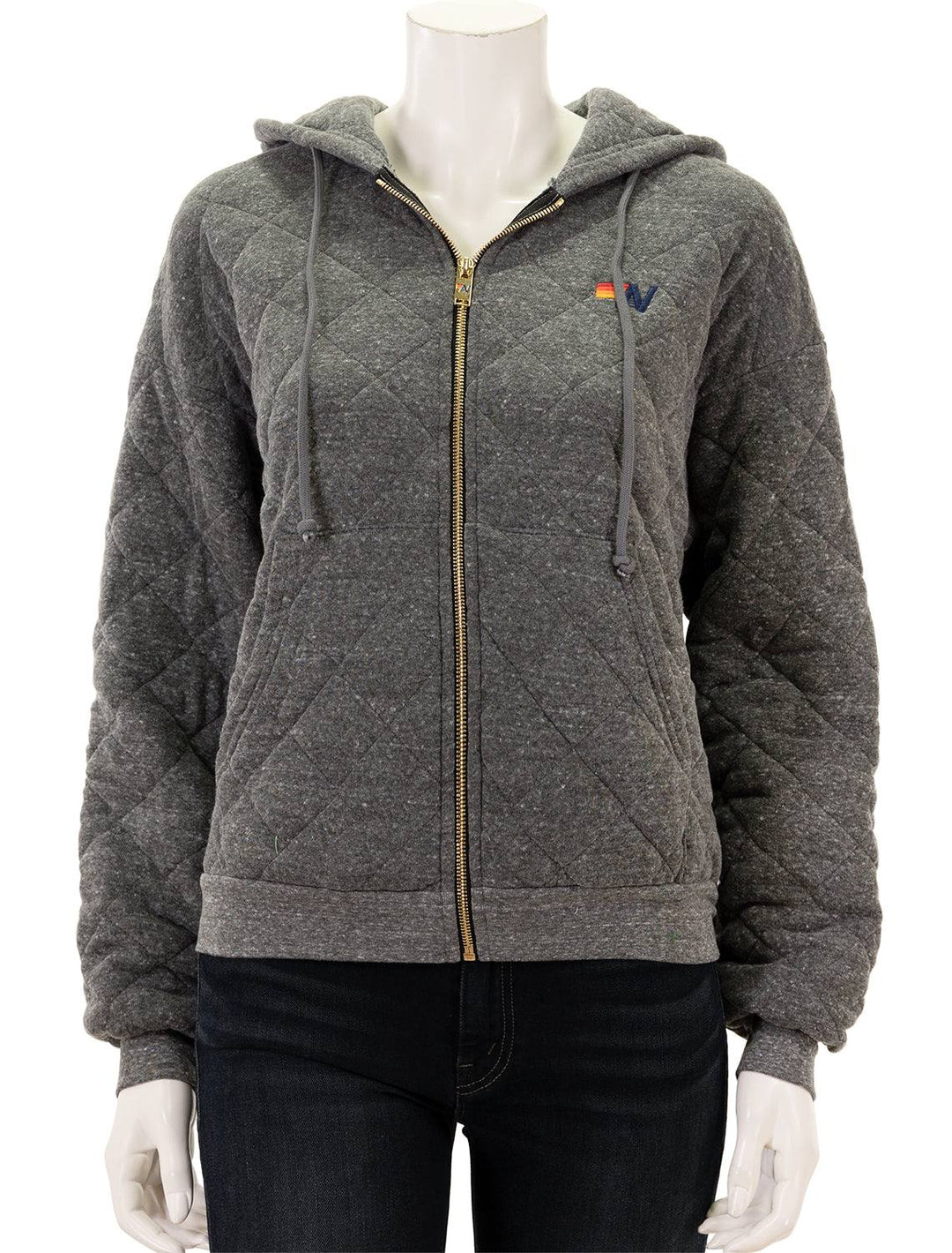 Front view of Aviator Nation's quilted zip hoodie relaxed in heather grey.