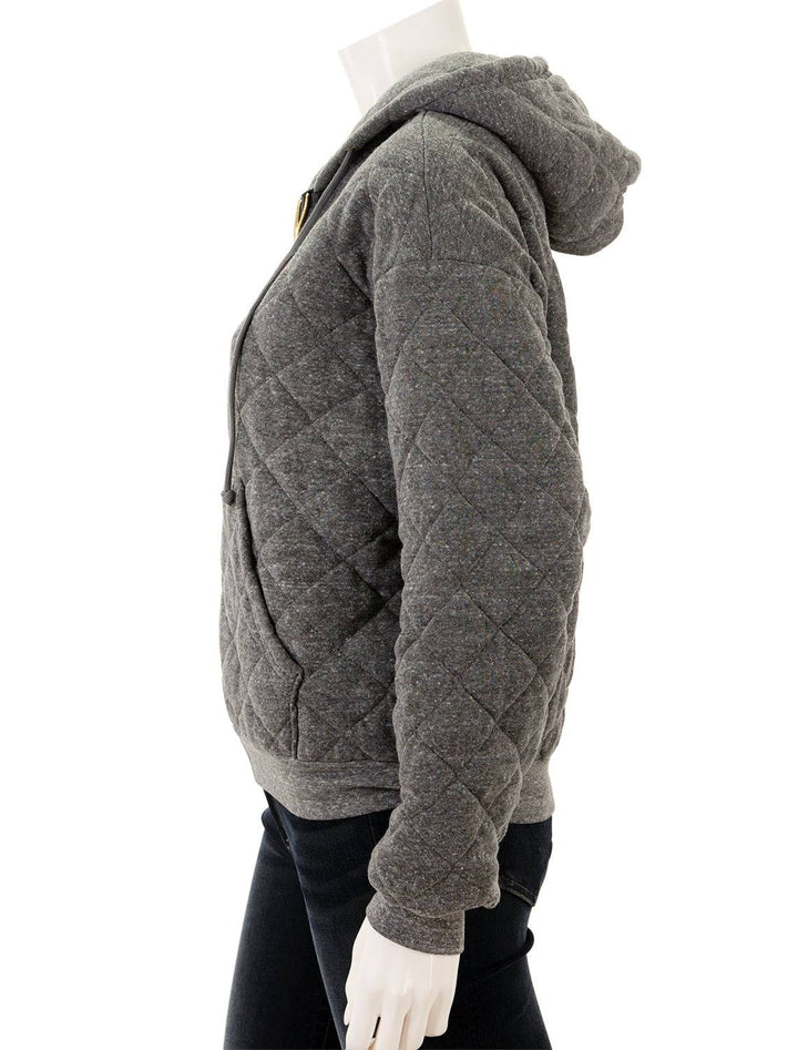 Side view of Aviator Nation's quilted zip hoodie relaxed in heather grey.