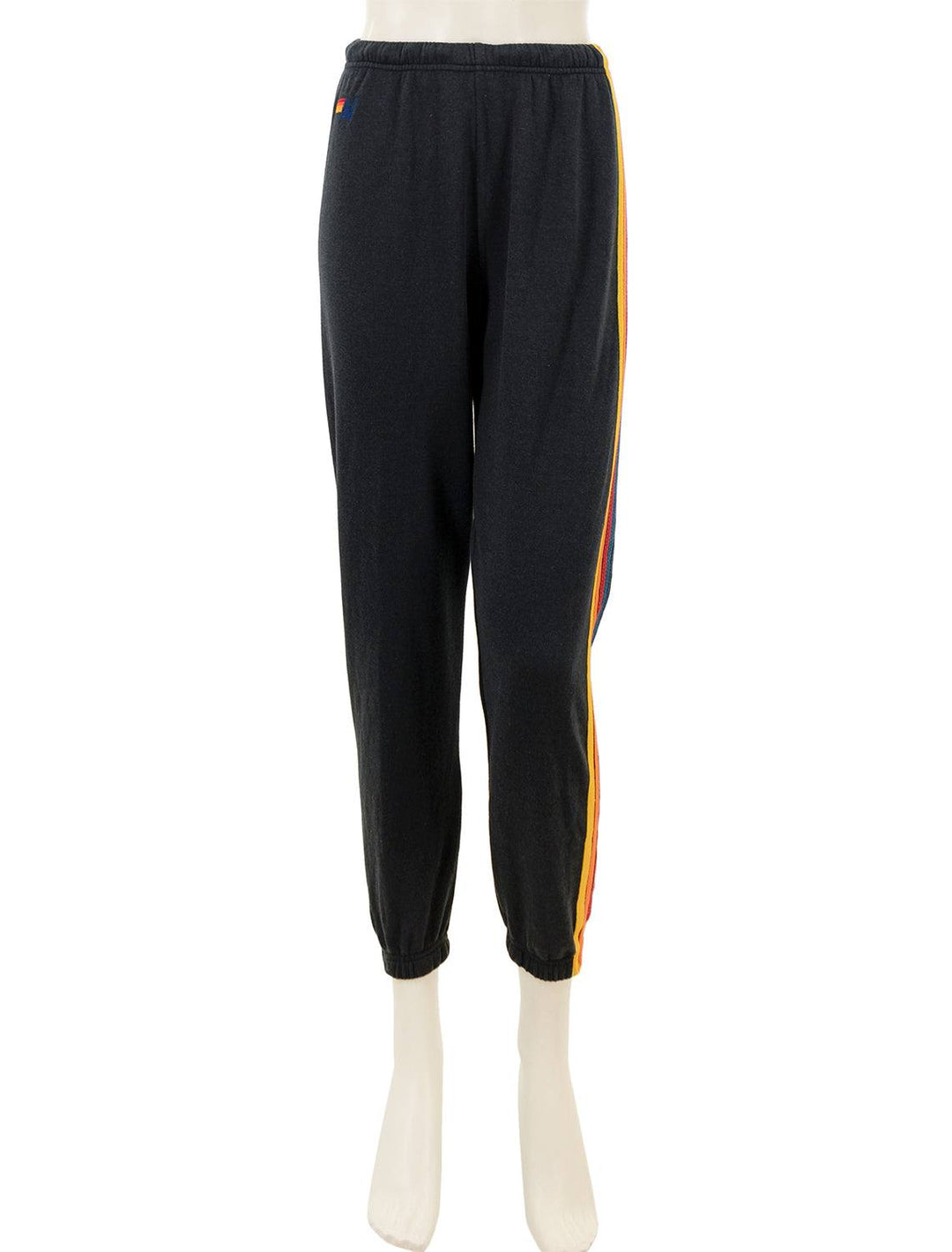 Front view of Aviator Nation's 5 stripe womens sweatpants in charcoal.