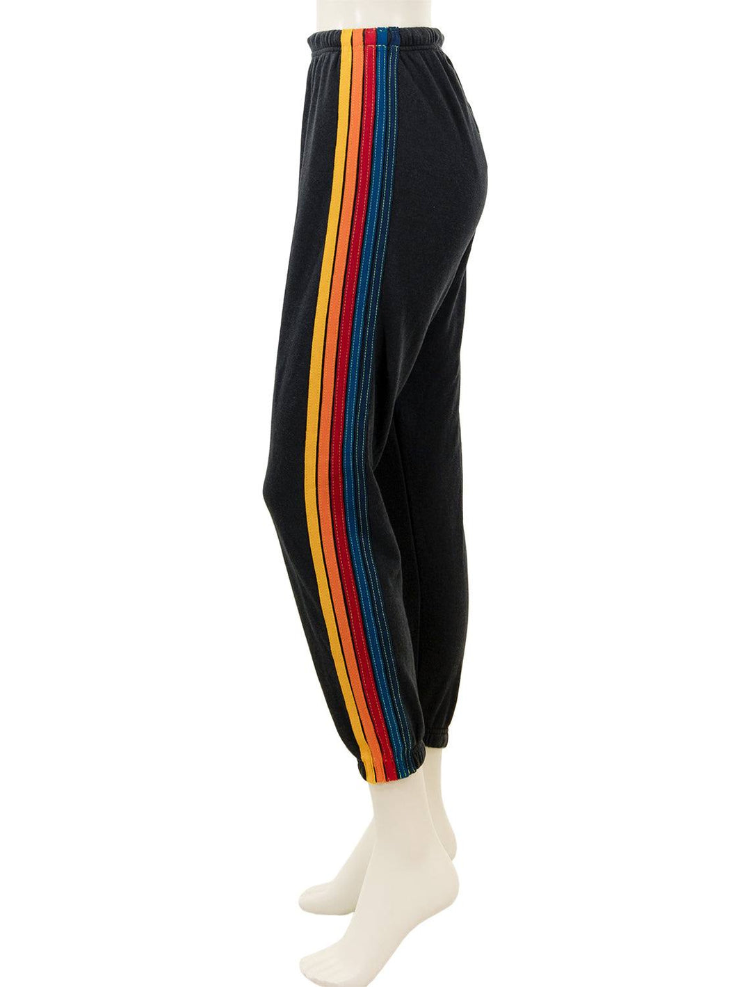 Side view of Aviator Nation's 5 stripe womens sweatpants in charcoal.