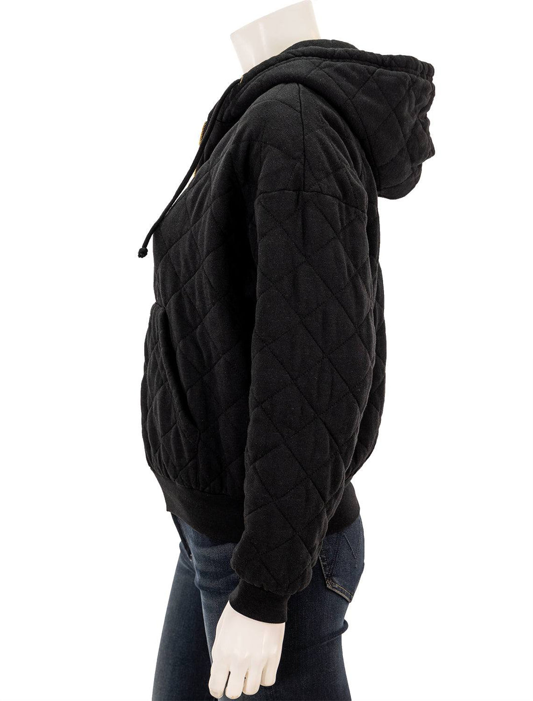 Side view of Aviator Nation's quilted zip hoodie relaxed in black.