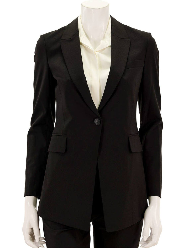 Front view of Theory's etiennette blazer in black, buttoned at front.