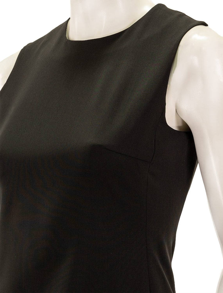 Close-up view of Theory's sleeveless fitted dress in traceable wool.