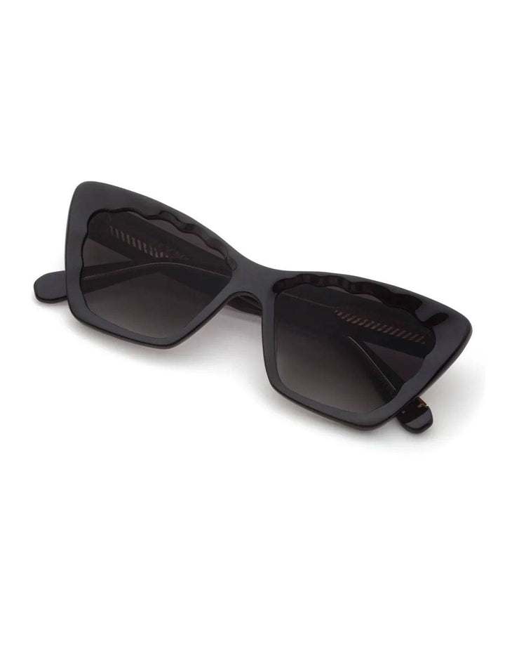 Overhead view of Krewe's brigitte sunglasses in black and black crystal.