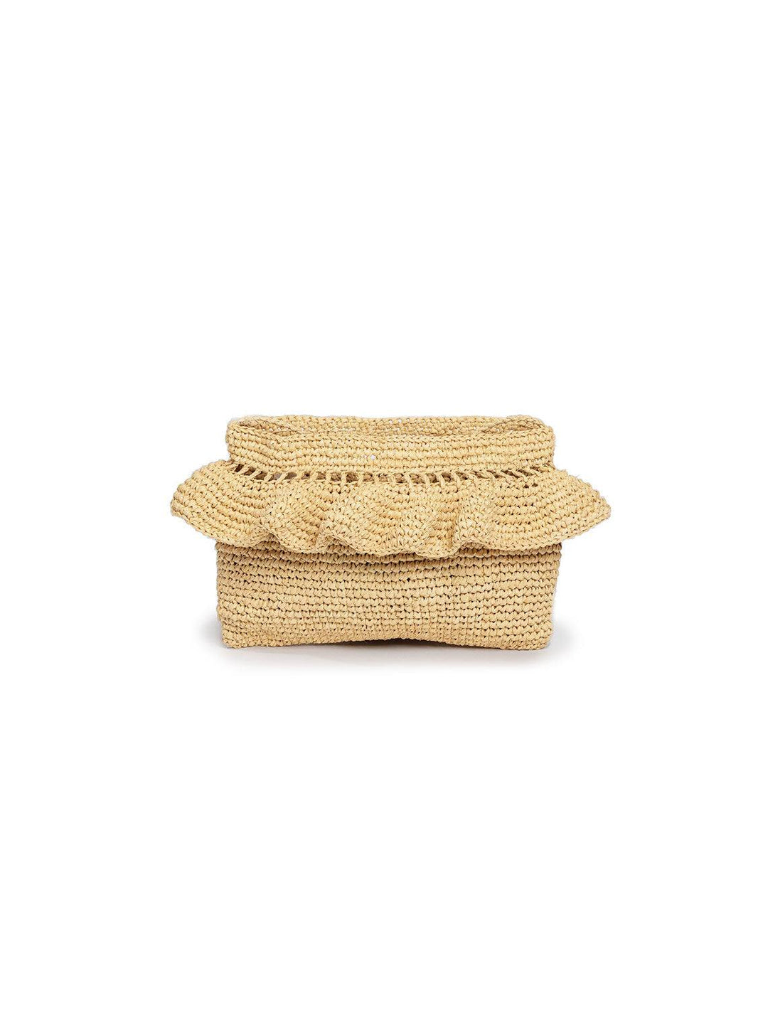 Front view of Hat Attack's ruffle clutch in natural.