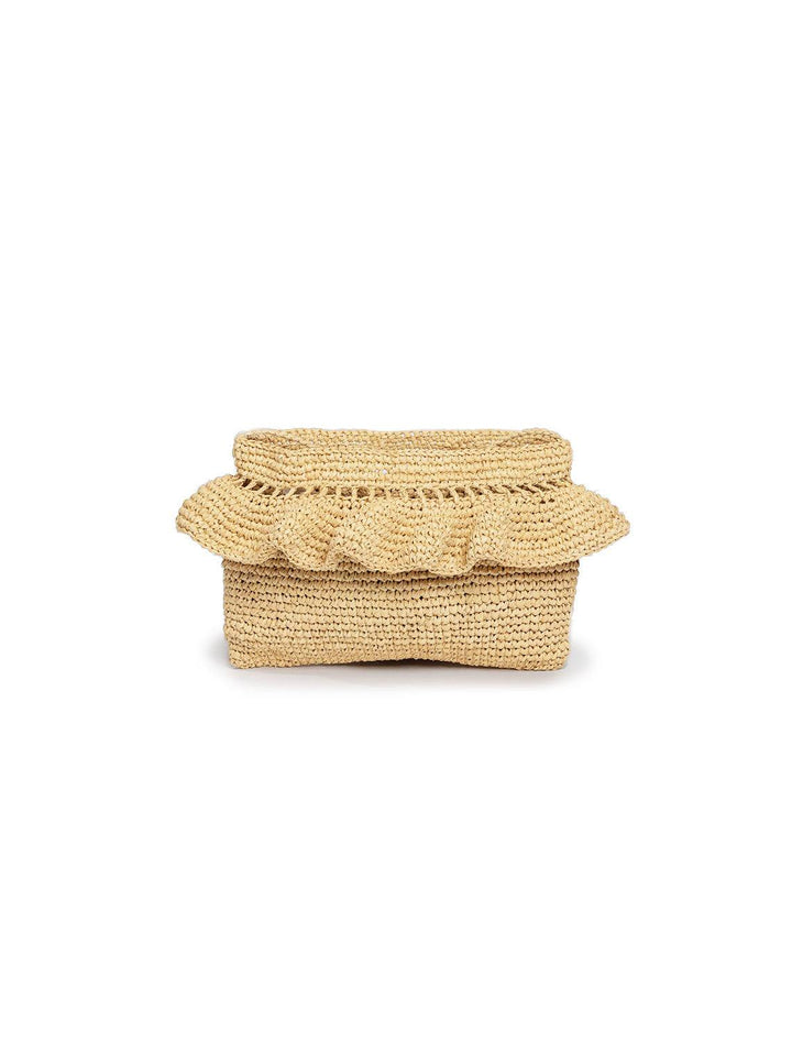 Front view of Hat Attack's ruffle clutch in natural.