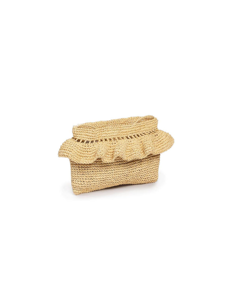 Front angle view of Hat Attack's ruffle clutch in natural.