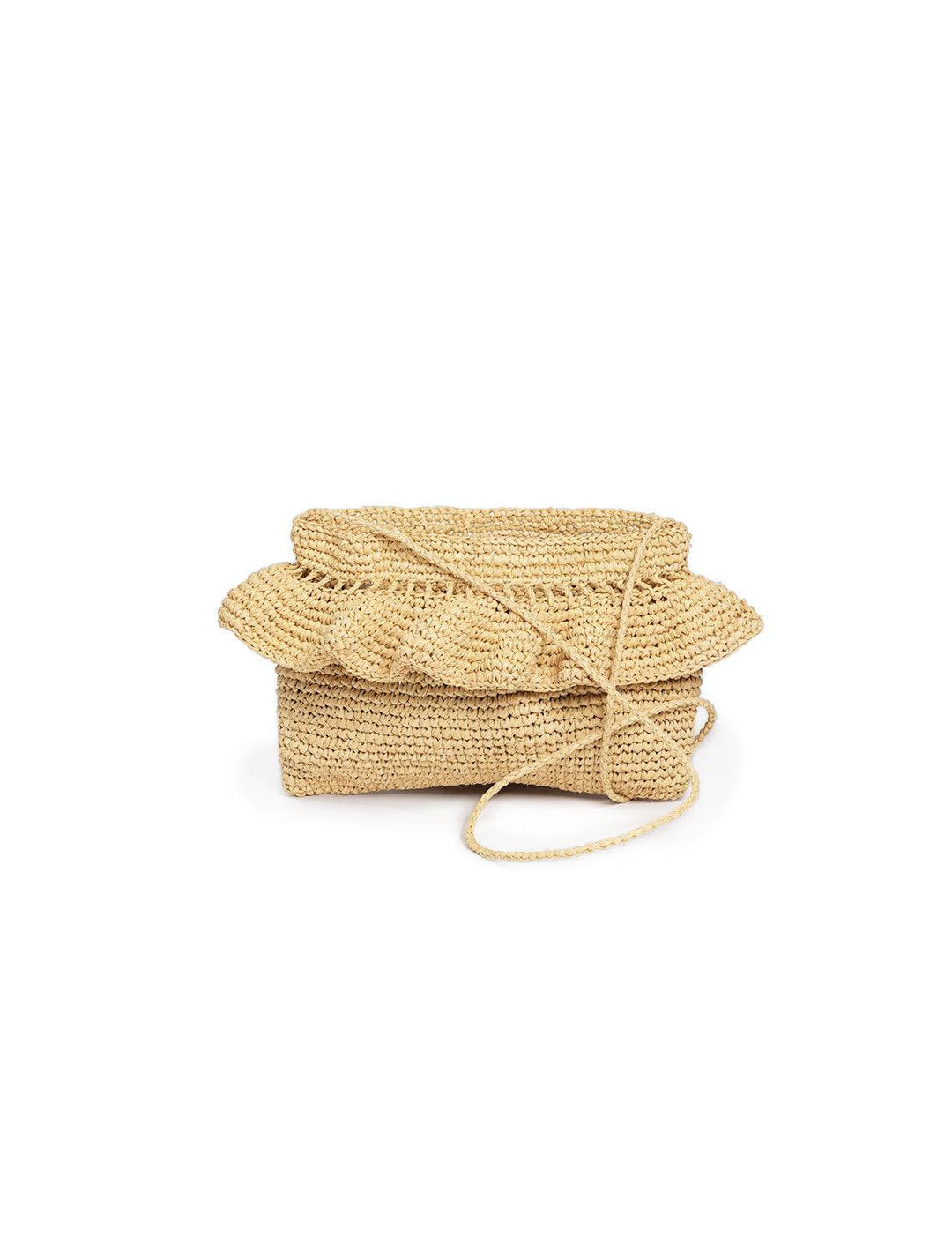 Front view of Hat Attack's ruffle clutch in natural, with strap showing.
