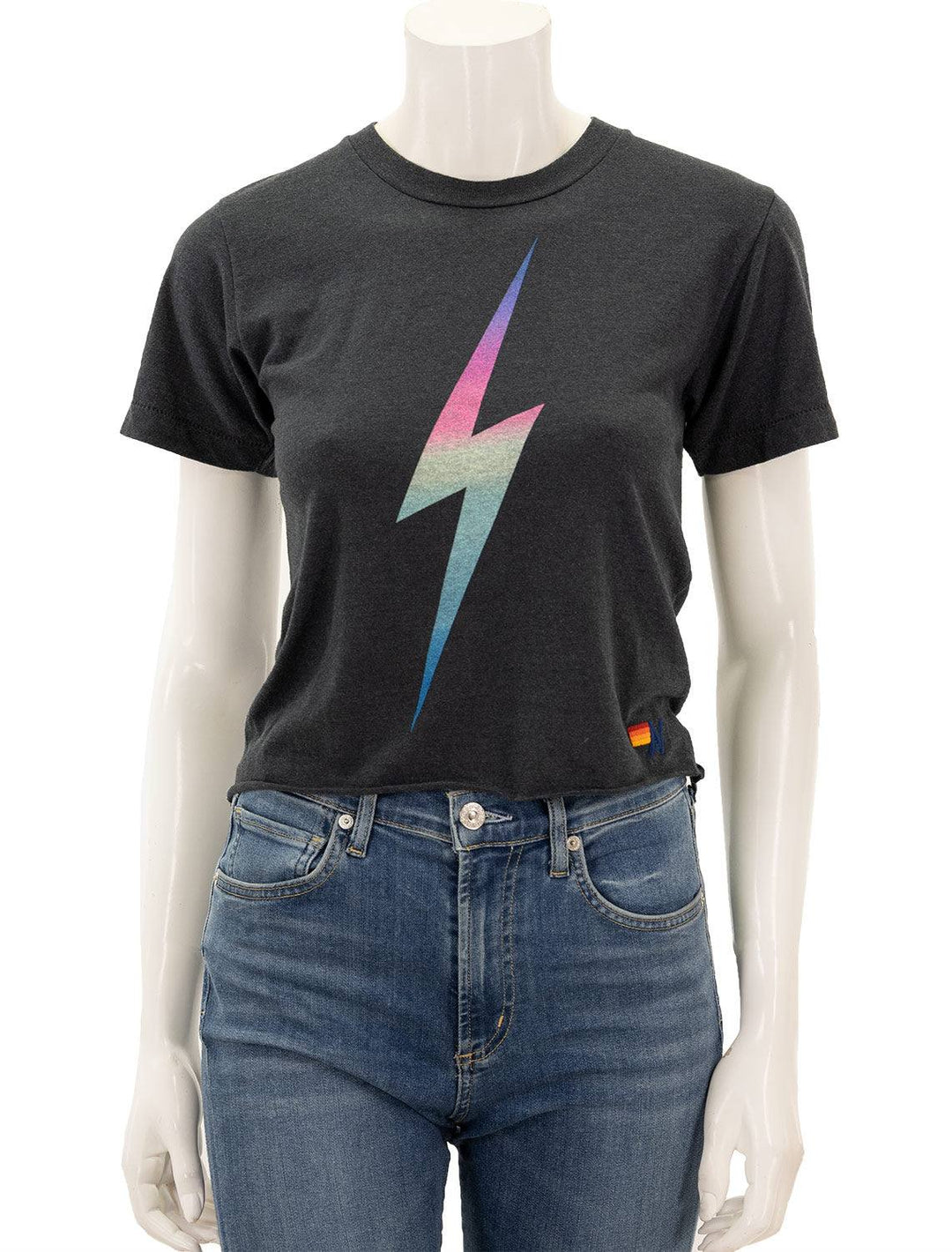 Front view of Aviator Nation's bolt boyfriend tee with rainbow pink.