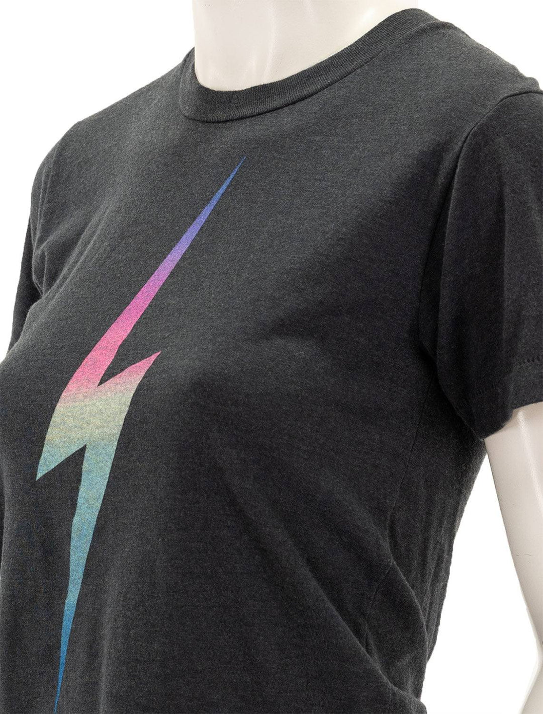 Close-up view of Aviator Nation's bolt boyfriend tee with rainbow pink.