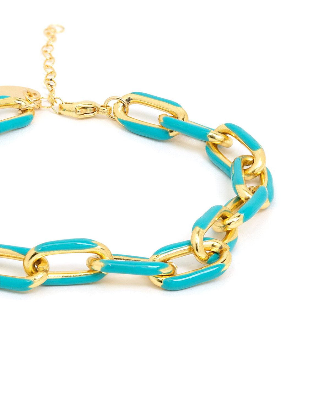 Close-up view of Jonesy Wood's eloise turquoise chain bracelet.